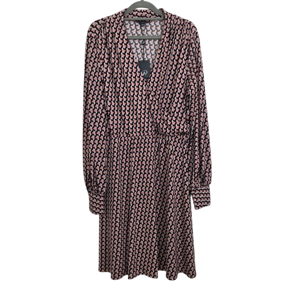 NWT Adrianna Papell Dress Geometric Print Faux Wrap Long Sleeve Size Large